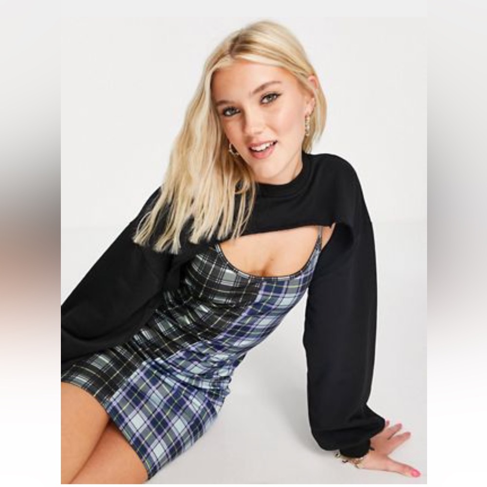 Asos design 2 in 1 mini dress with cropped sweat in mix match check